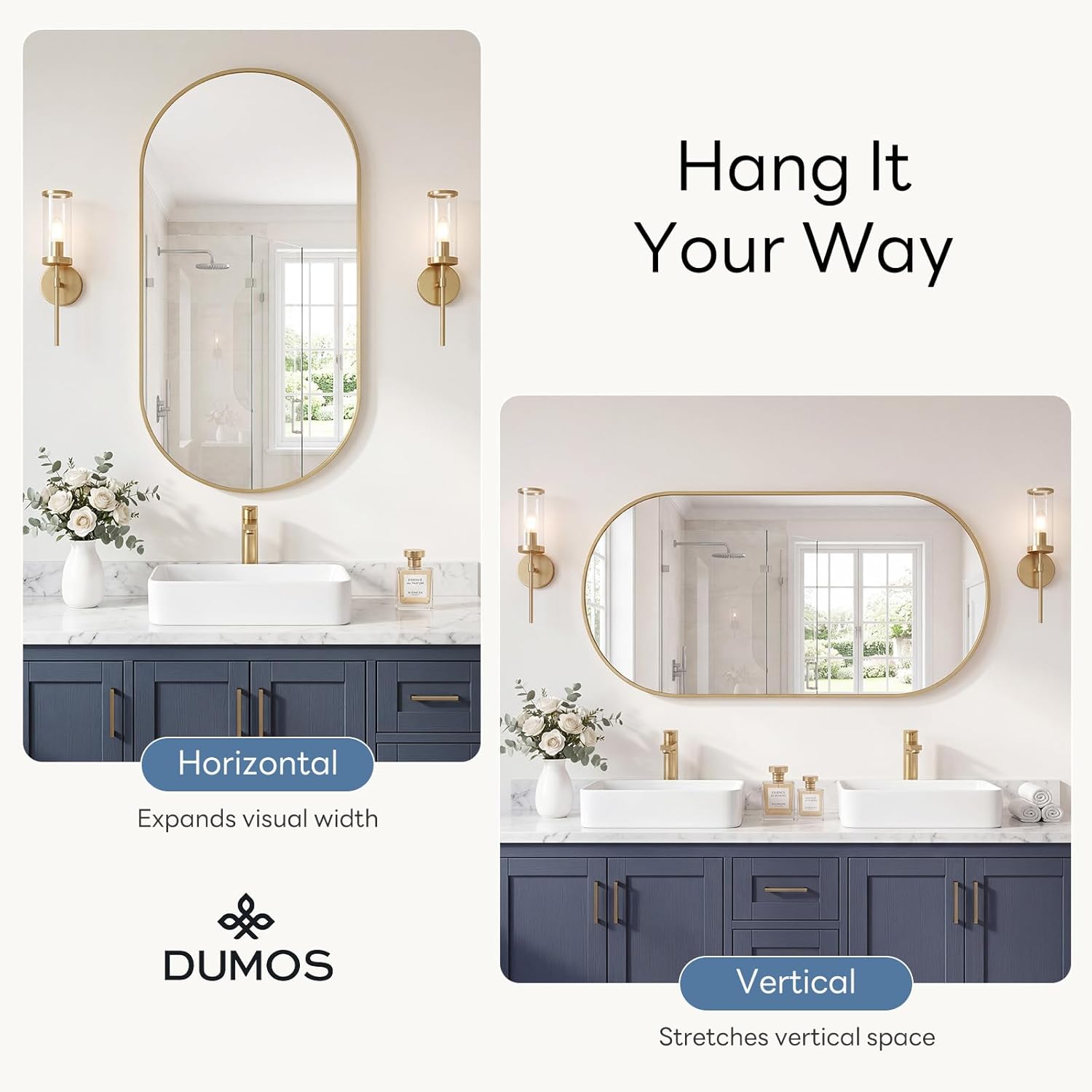 DUMOS 24" x 48" Oval Bathroom Mirror, Gold Wall Mirrors with Metal Frame, Tempered Glass, Morden Vanity Mirror for Over Sink, Entryway, Living Room, Bedroom, Horizontal or Vertical