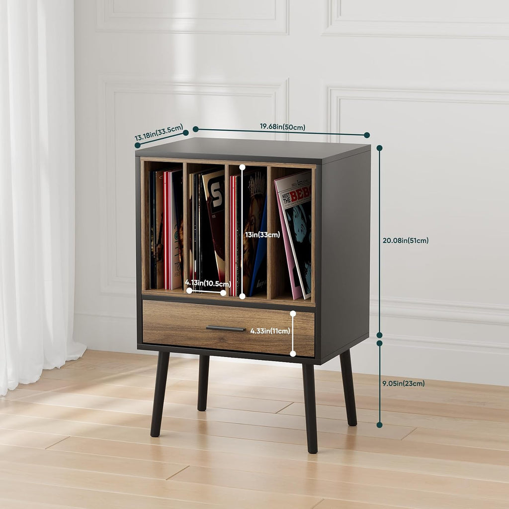 Kiasthome Black Record Player Stand with Storage Crate & Drawer, Vinyl Record Storage Cabinet Side Table for Turntable with Solid Wood Legs, for Living Room, Bedroom