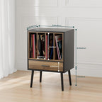 Kiasthome Black Record Player Stand with Storage Crate & Drawer, Vinyl Record Storage Cabinet Side Table for Turntable with Solid Wood Legs, for Living Room, Bedroom