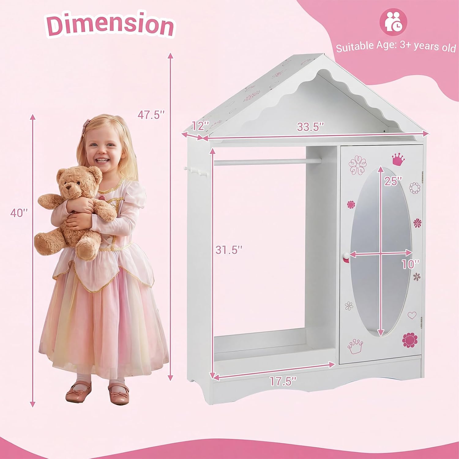 Costzon Kids Dress Up Storage with Mirror, Roofed Wardrobe Closet with Open Hanging Rack, Shelves & Hooks for Children, Kids Armoire & Costume Organizer for Bedroom (White)