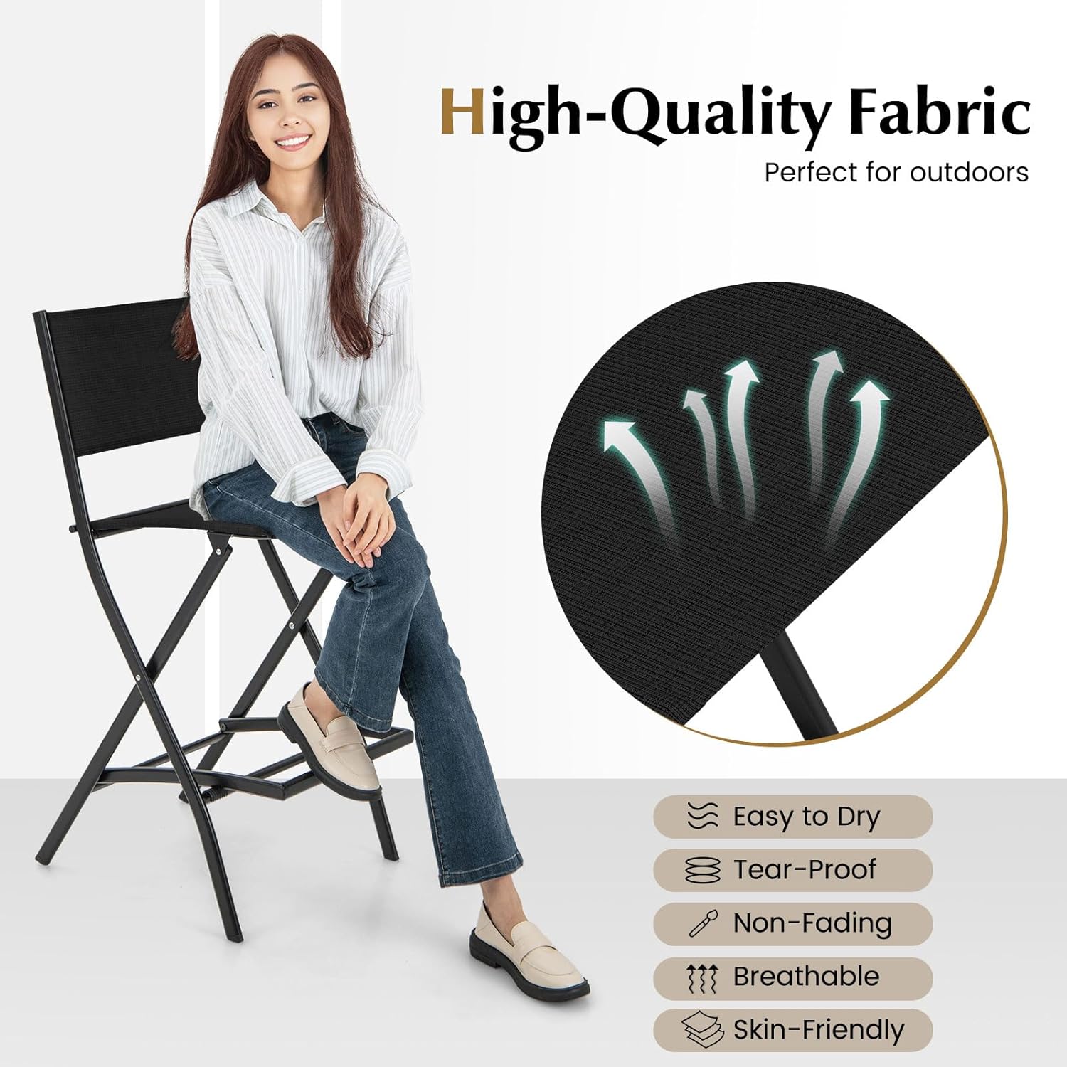 COSTWAY Outdoor Patio Bar Chair Set of 2, Folding Counter Height Stool with Metal Frame & Footrest, Patio Bar Stool for Balcony, Garden & Poolside (2, Black)
