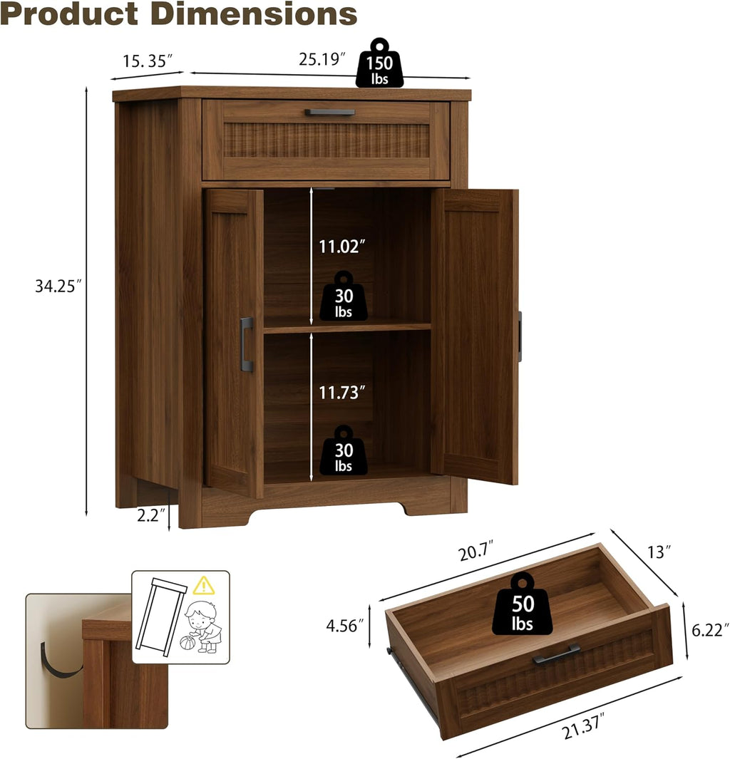 Buffet Cabinet with Storage Drawer, Farmhouse Coffee Bar Table with Storage Drawer and Adjustable Shelf, Small Fluted Sideboard Cabinet for Kitchen, Dining Room, Living Room, Entryway, Modern Walnut