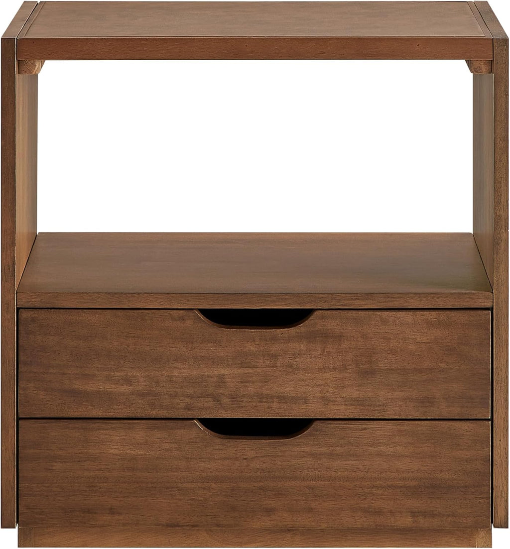 Vegan Leather Top Nightstand or End Table with Two Drawers and Open Shelf, Modern Plinth Base for Bedroom Living Room or Entryway