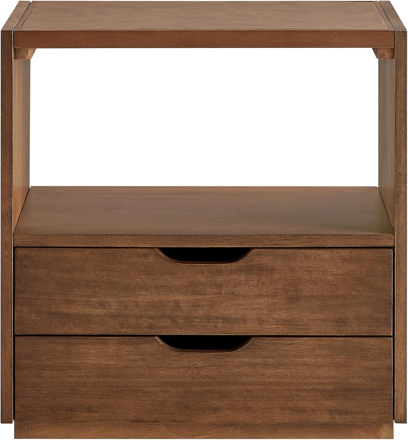 Vegan Leather Top Nightstand or End Table with Two Drawers and Open Shelf, Modern Plinth Base for Bedroom Living Room or Entryway