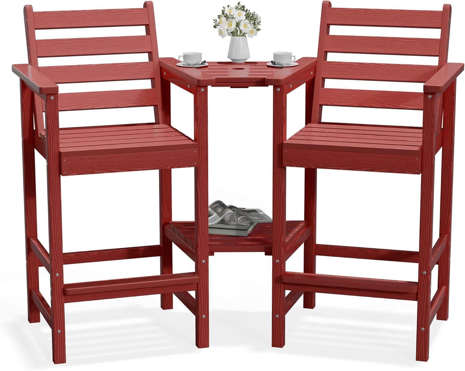 PLUUV Tall Adirondack Chairs Set of 2 with Double Connecting Side Trays, All-Weather HDPE Bar Height Patio Chairs for Balcony & Poolside, 380 LBs Capacity Heavy Duty Outdoor Furniture, Red