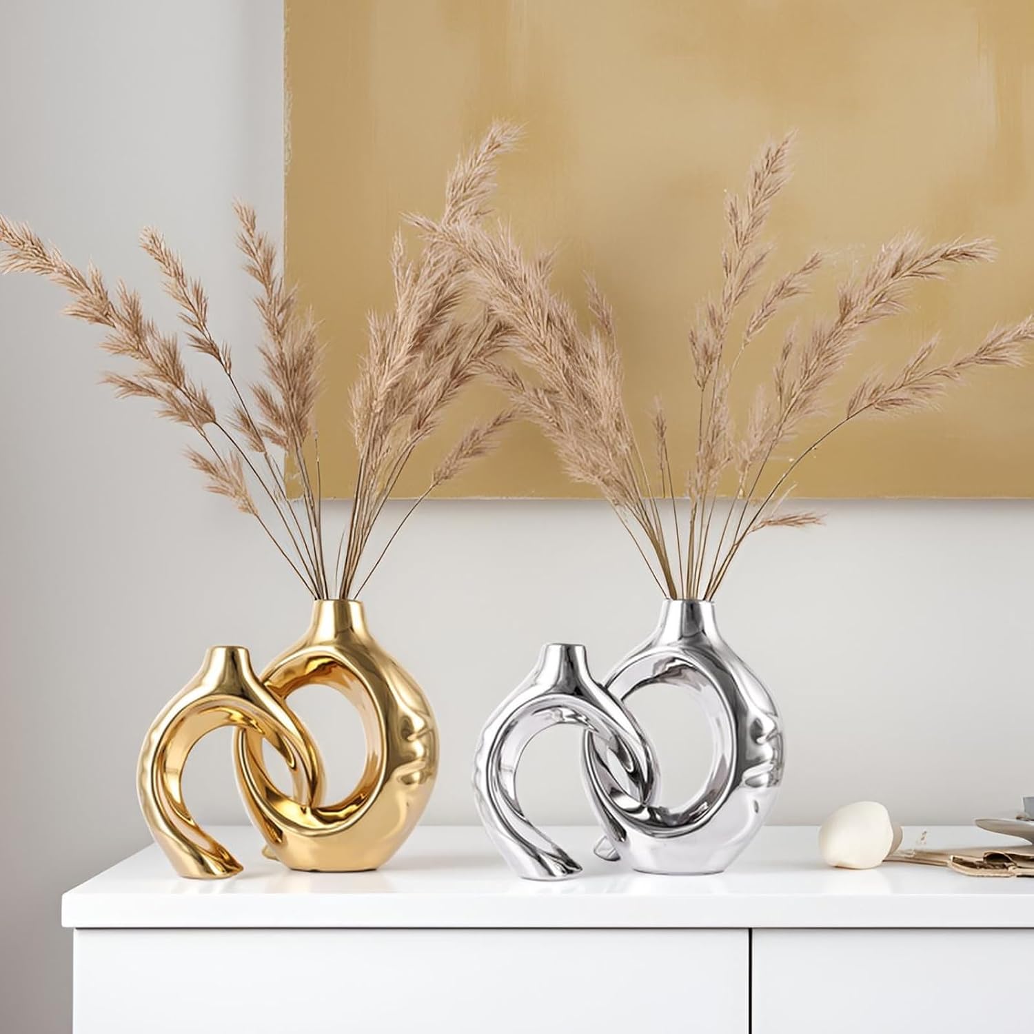 Ceramic Vase Set of 2 for Modern Home Decor,Round Boho Vase for Pampas Grass,Neutral Minimalist Statue for Dining Room Table Centerpiece Dining Room,Wedding Table Decoration (Gold1)