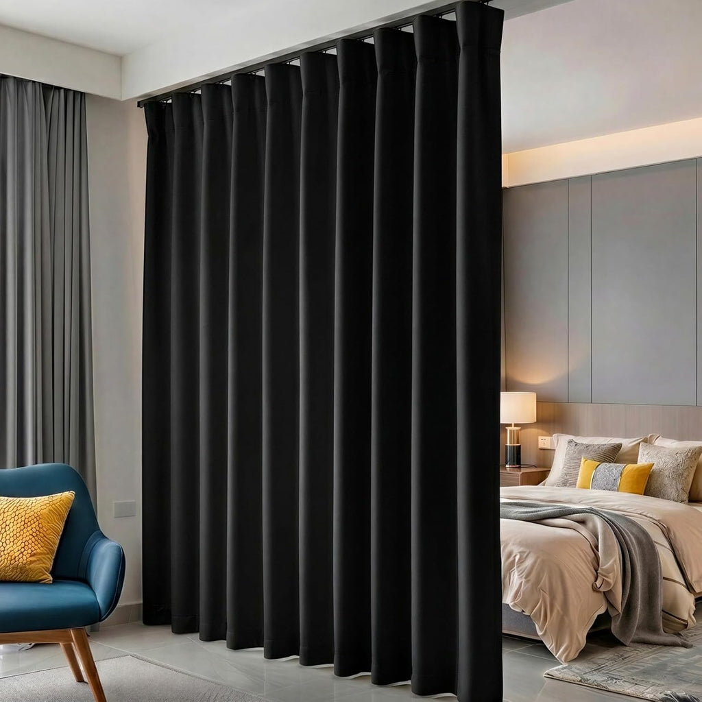 hoeflife Room Divider Curtains Blackout Floor to Ceiling Curtain with Hook Wall Mount Sliding Door Curtains Ceiling Mount Extra Wide Curtain Wall Divider for Room Separation (Black, W100 x H84 Inch)