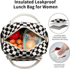Lunch Bag Women Lunch Box for Women Adult Cute Insulated Lunch Bag Lager Cooler Lunch Tote Bags for Work Picnic (Black-White Plaid)