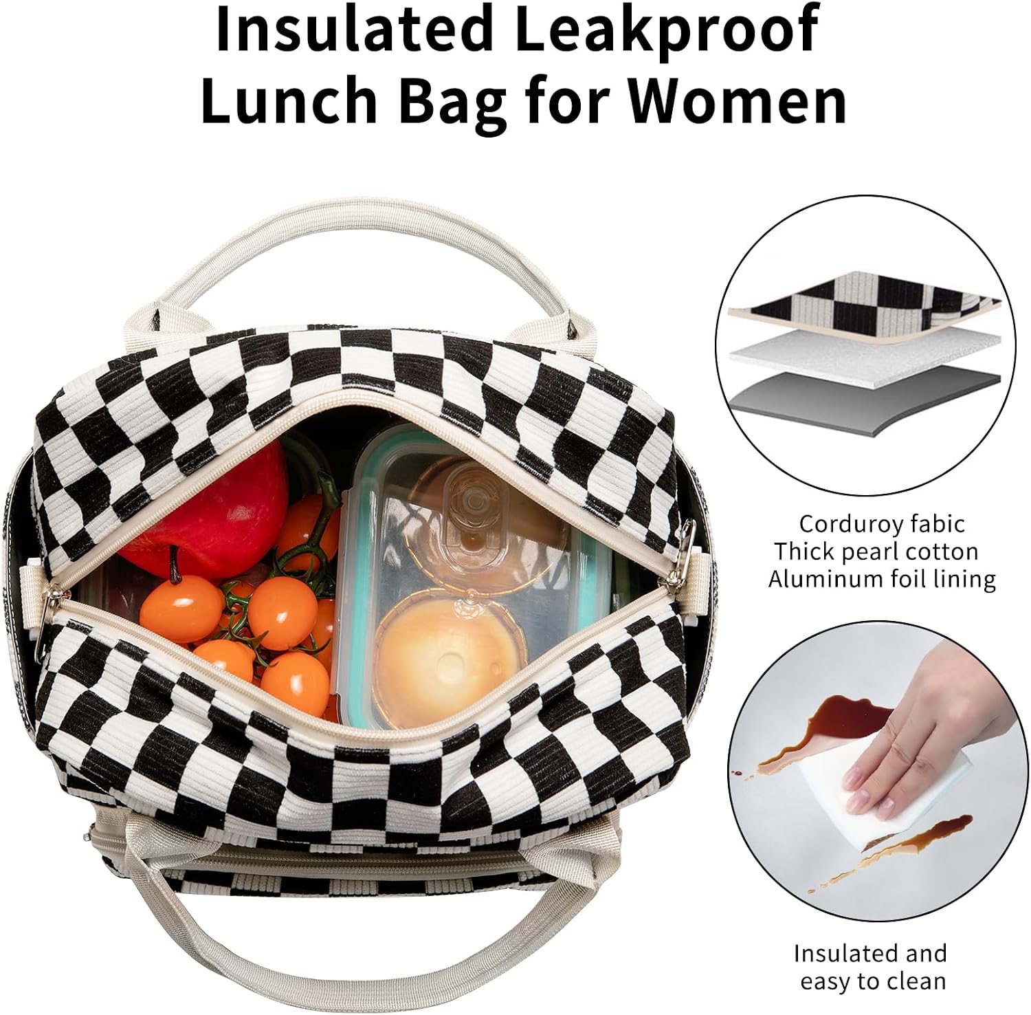 Lunch Bag Women Lunch Box for Women Adult Cute Insulated Lunch Bag Lager Cooler Lunch Tote Bags for Work Picnic (Black-White Plaid)
