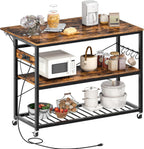 CHOEZON Kitchen Island with Power Outlet and Folding Top, Movable with 3-Tier Storage, Large Size, Wooden Shelves and Wine Rack, for Kitchen, Dining and Living Room, Rustic Brown and Black TZD02UBF