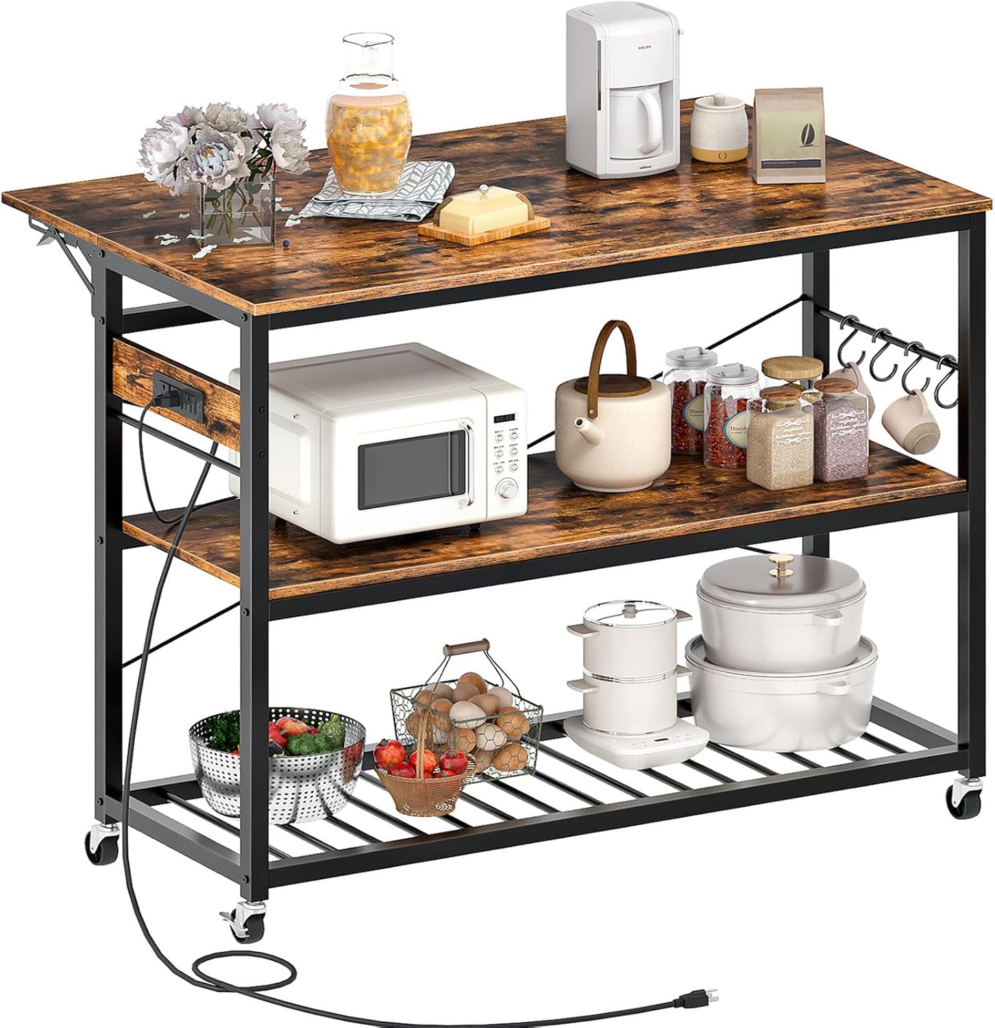 CHOEZON Kitchen Island with Power Outlet and Folding Top, Movable with 3-Tier Storage, Large Size, Wooden Shelves and Wine Rack, for Kitchen, Dining and Living Room, Rustic Brown and Black TZD02UBF