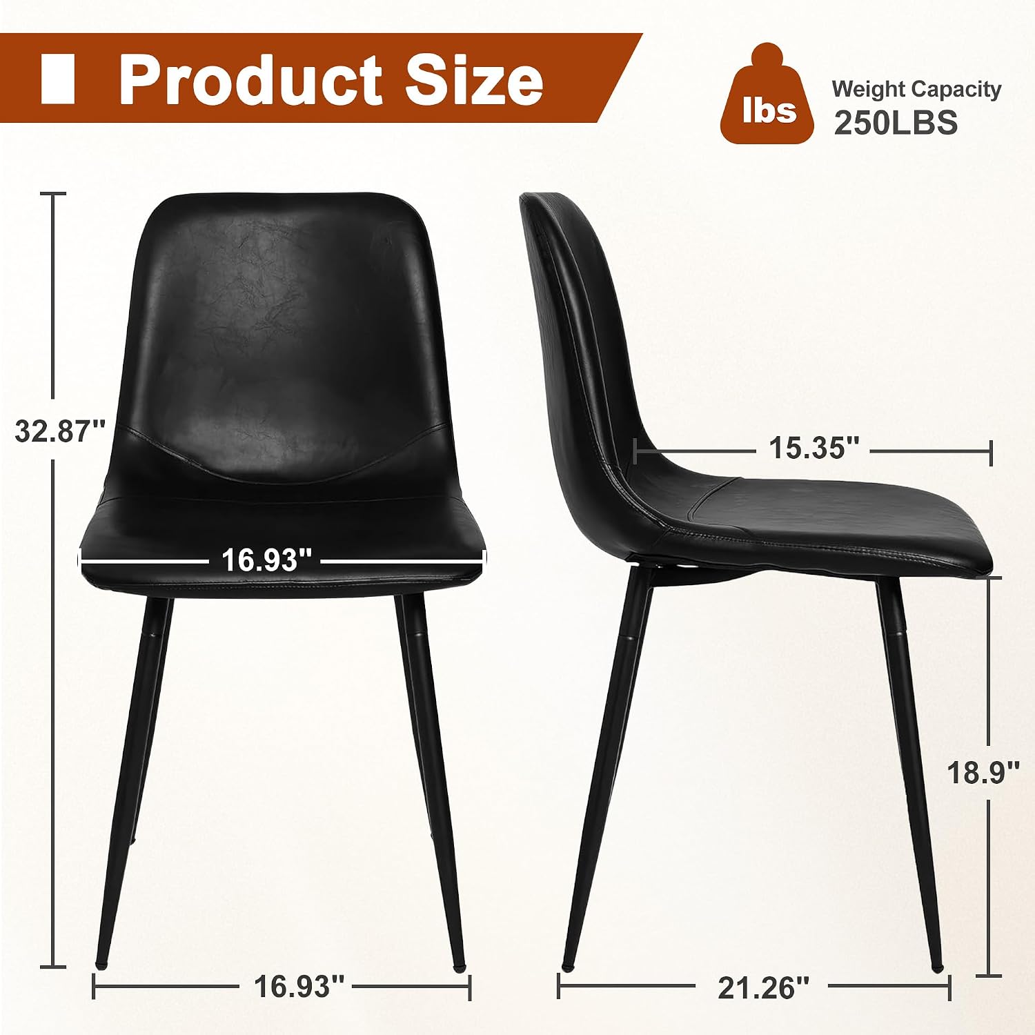 Black Dining Chairs Set of 4, Modern Faux Leather Upholstered Kitchen Side Chairs with Curved Back, Sturdy Metal Legs, for Dining Room, Living Room, Office, Black