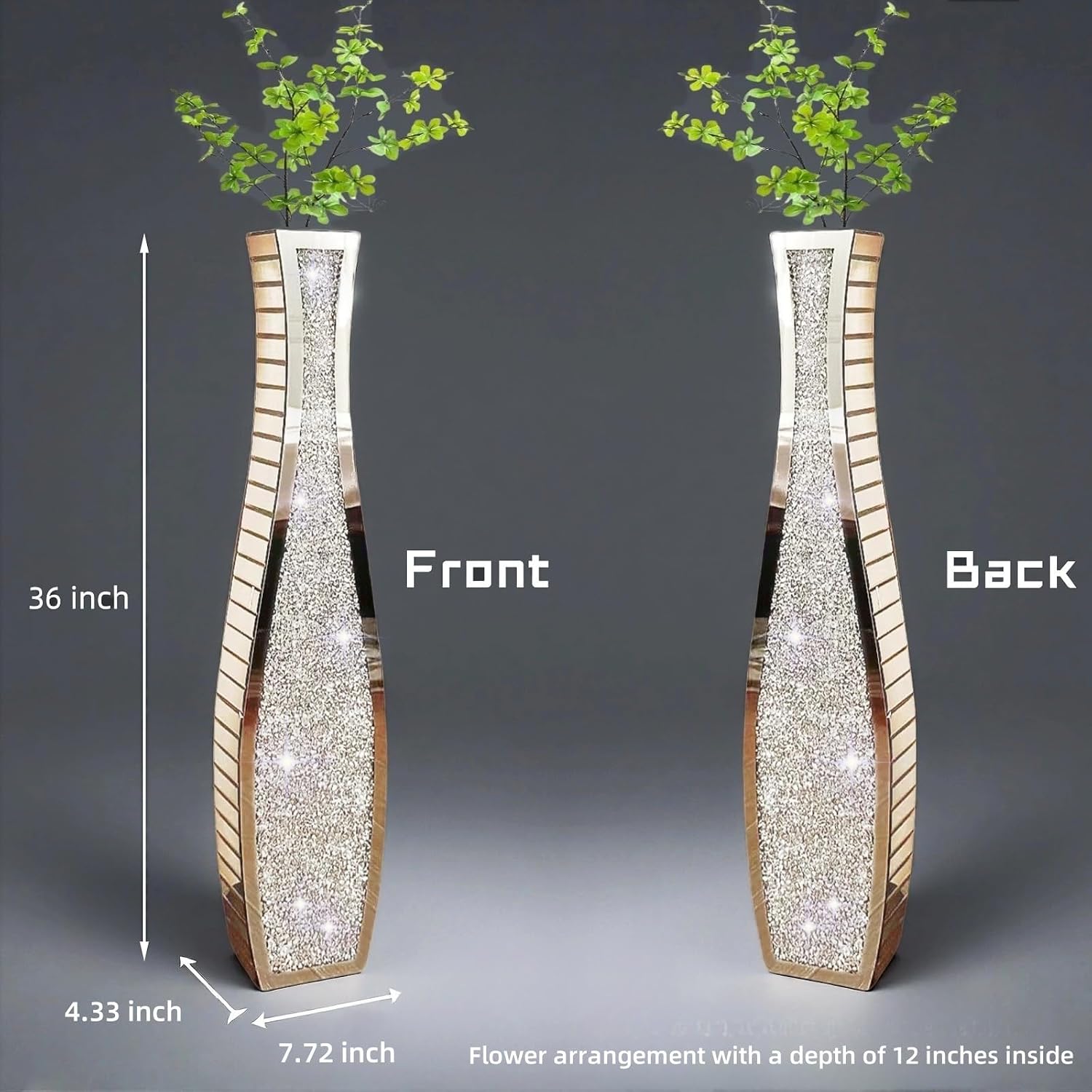 36" Extra Tall Double Sided Crushed Diamond Vases, Mirrored Silver Vase,Floor Vases Decorative Tall, Large Decorative Vase for Home,Office,Hotel Decor(7.72" L x4.33 W x 36" H)