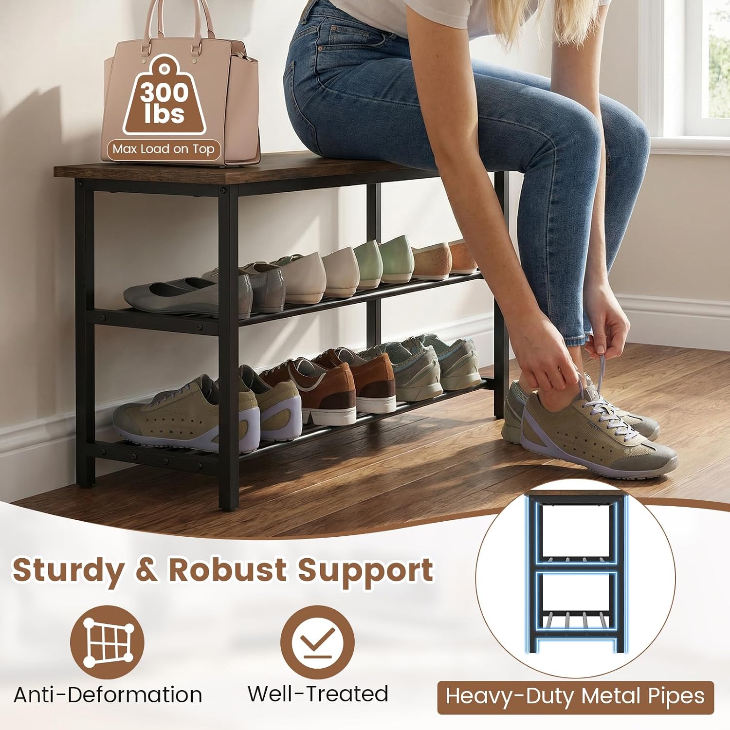 Giantex 3-Tier Shoe Bench, 32" L Shoe Organizer Storage Bench with Metal Slat Shelves & Seat, Front Door Shoe Rack for Entryway, Hallway, Bedroom, Living Room