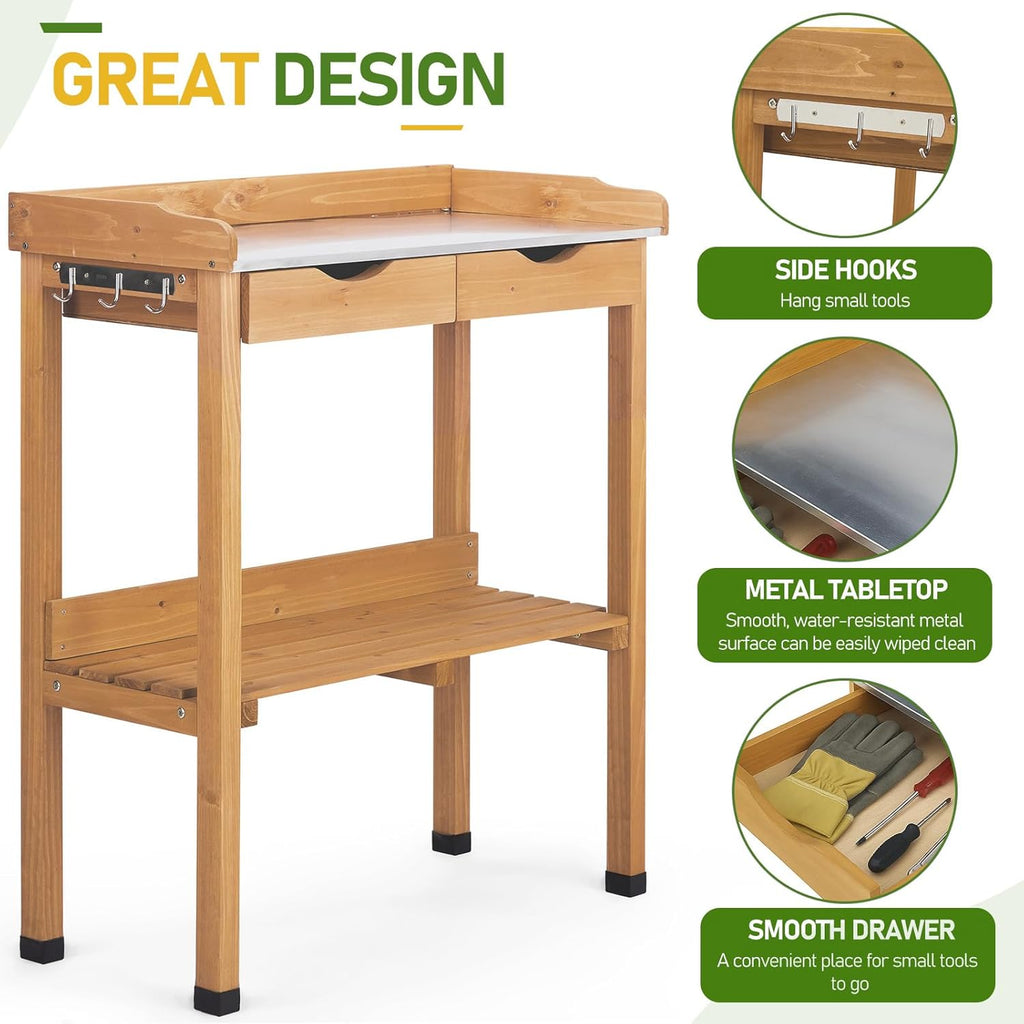 Outvita Outdoor Garden Potting Bench Table Work Bench with 2 Drawer, Storage Shelf, Metal Tabletop, 3 Hooks for Horticulture, Natural Wood
