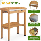 Outvita Outdoor Garden Potting Bench Table Work Bench with 2 Drawer, Storage Shelf, Metal Tabletop, 3 Hooks for Horticulture, Natural Wood