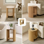 HNY Natural Oak Side Table, 2-Tier Small Round Wood End Table, Nightstand with Storage Shelf Mid Century Modern Bedside Table for Living Room Bedroom Apartment