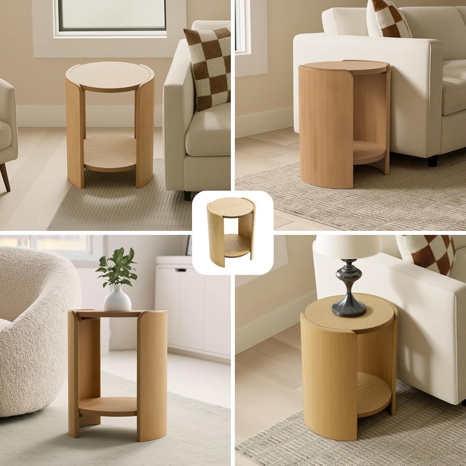 HNY Natural Oak Side Table, 2-Tier Small Round Wood End Table, Nightstand with Storage Shelf Mid Century Modern Bedside Table for Living Room Bedroom Apartment
