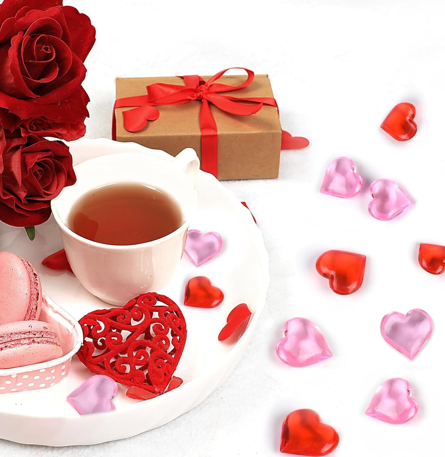 CHRORINE 70 Pcs Acrylic Heart Ornaments Translucent Hearts Shaped Gems Crystals for Table Scatter Decoration/Vase Fillers/Artwork in Valentine or Wedding Party- Red,Pink