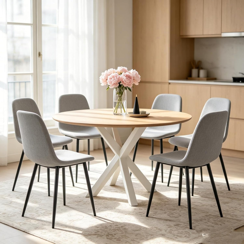 Modern Dining Chairs Set of 6, Linen-Cotton Upholstered Kitchen Chairs with Rounded Backrest, Ergonomic Integrated Seat with Adjustable Feet & Metal Legs for Dining Room, Office, Light Grey