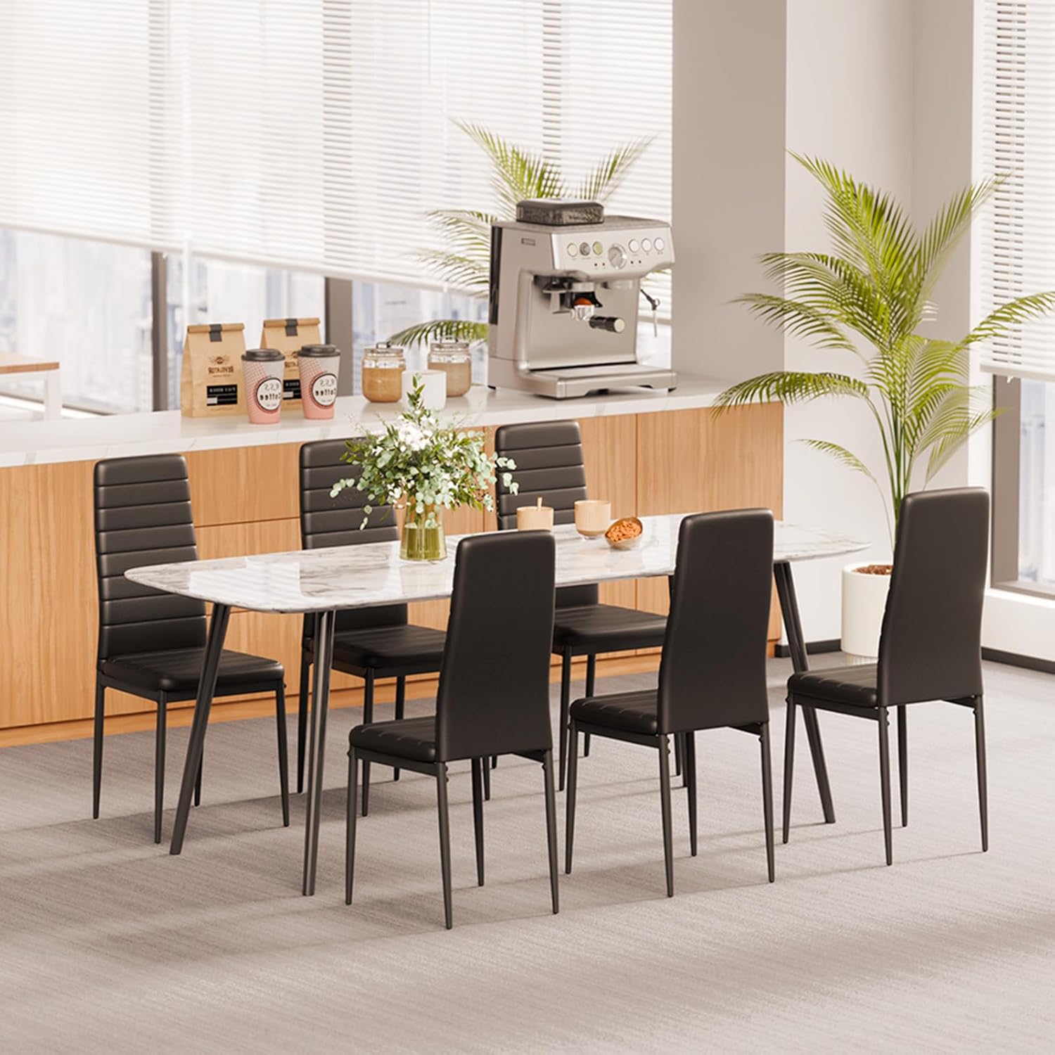 VEVOR Modern Dining Room Accent Chairs Set of 6, Upholstered Leather Side Chair for Living Room, Space-Saving Kitchen Chair with Thick Cushions and Metal Legs, Black