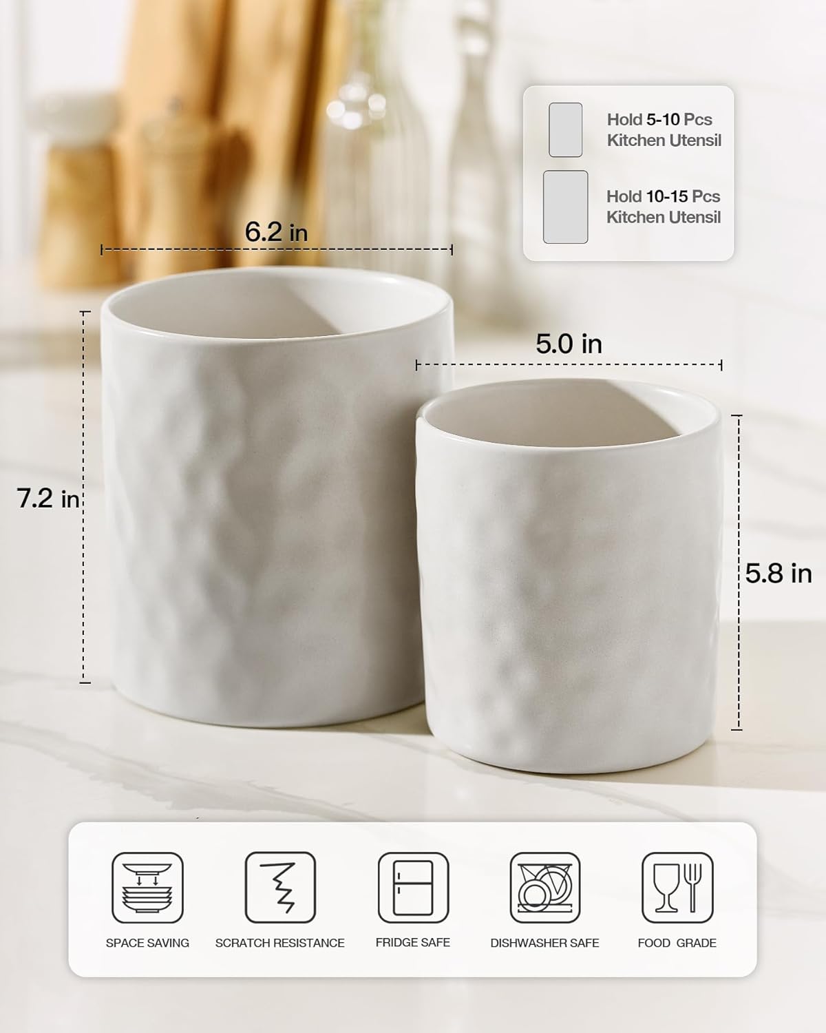 famiware Ocean Utensil Holder, 7.2"+5.8" Ceramic Kitchen Utensil Holder for Countertop, Cooking Utensil Crocks, Utensil Organizer for Spatula & Spoon, Kitchen Decor, Set of 2, Matte White