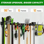 PIYILO Garage Wall Organizer, 96 in Garden Tool Organizer with 12 Adjustable Garage Hooks and 3 Storage Straps, Heavy Duty Tool Holder Wall Mount for Garden & Shed Tools