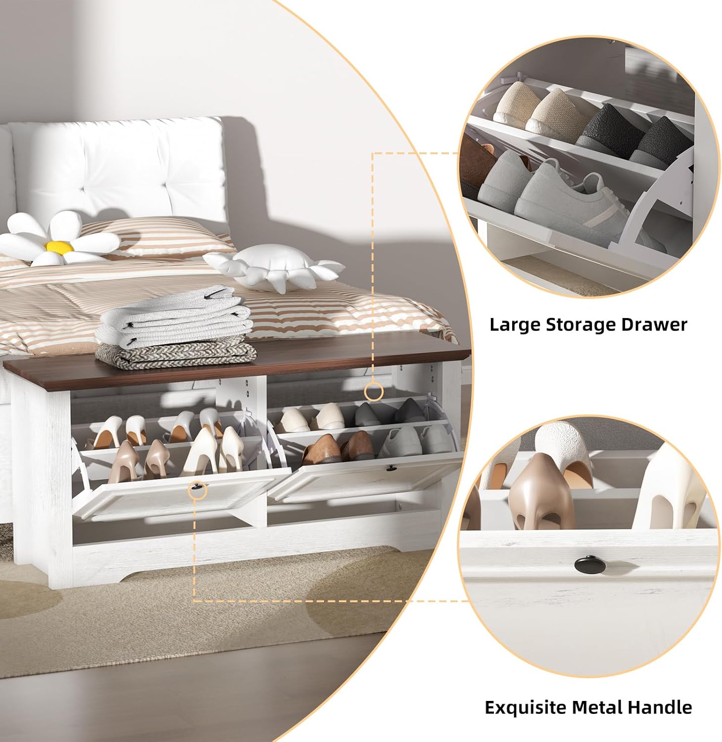 Shoe Storage Bench with Seat, Entryway Shoe Cabinet with Drawers | Flip Drawers and Hidden Storage, Comfortable Seating for Entryway, Hallway, Foyer and Small Spaces