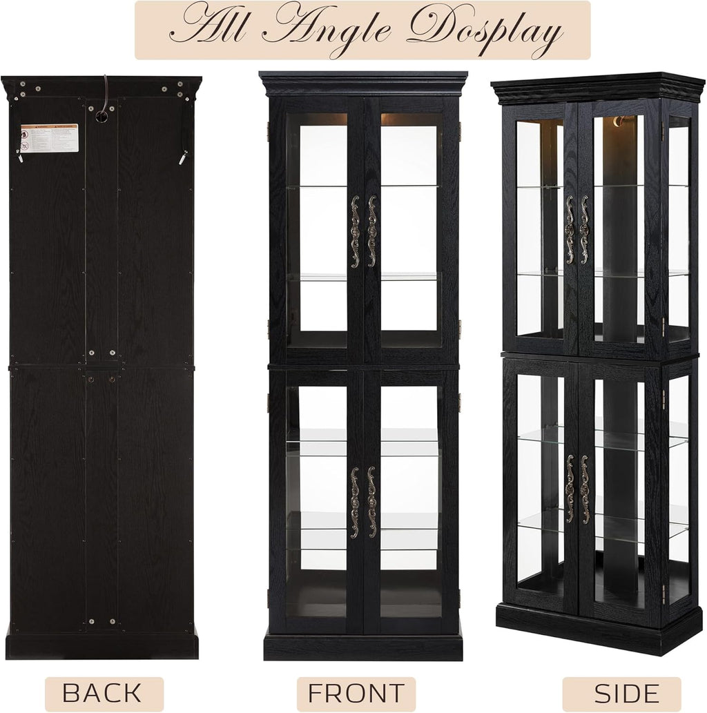 Lighted Curio Cabinet 71" Vintage Glass Display Case with Adjustable Shelves, 4 Tempered Glass Doors, Bulb Included, Wooden Square Wine Bar China Cabinet for Living Room Liquor Storage (Black)