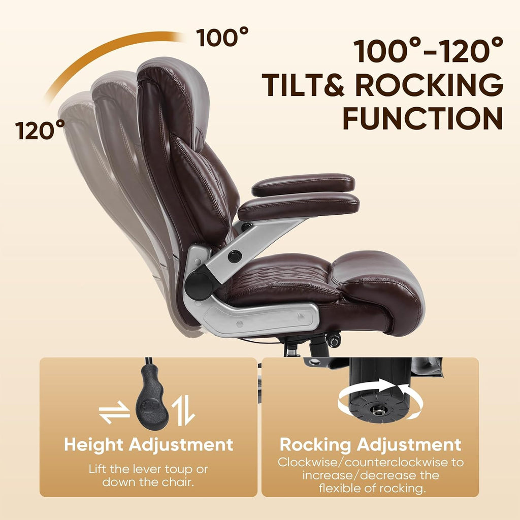 ZSQN 600 Lbs Big and Tall Office Chair, Plus Size Desk Chair with 6D Adjustable Flip Arms, Wide Comfortable Computer Chair with Adjustable Lumbar Support & Dual Rubber Wheels Brown