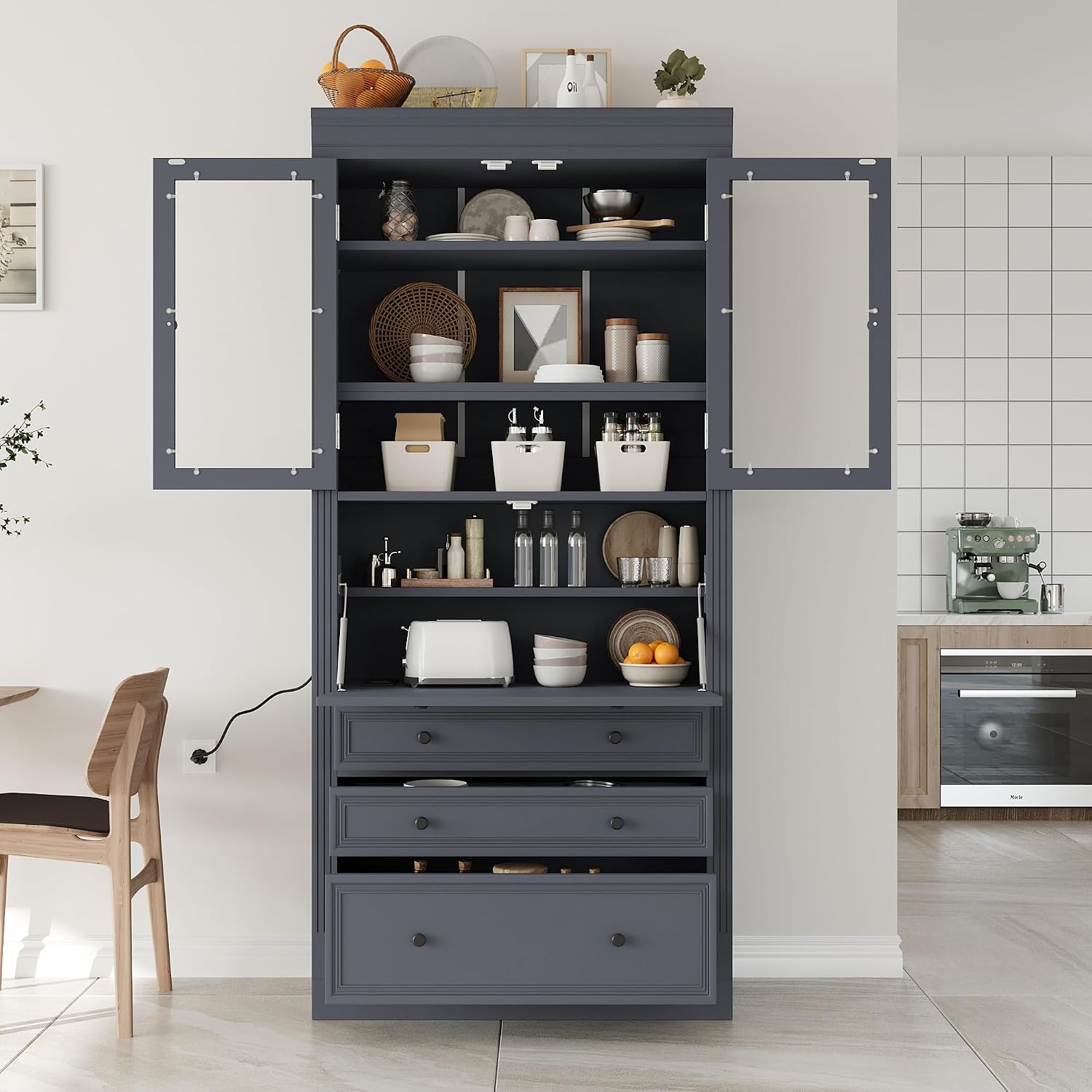 JIJIWANG 78" Tall Freestanding Kitchen Pantry Storage Cabinet,Multifunctional Cupboard with 3 Drawers,Adjustable Shelves and Power Outlet for Office, Kitchen,Dining Room,Grey
