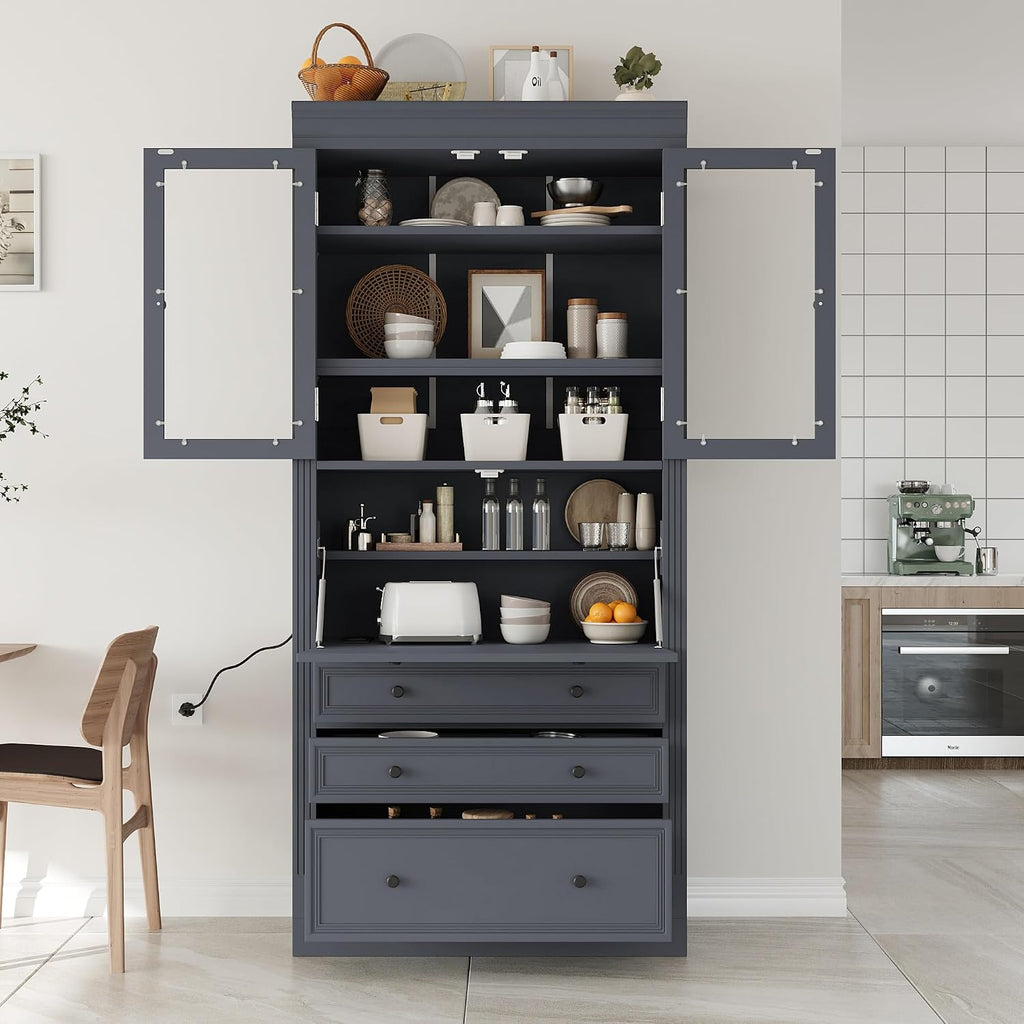 SOFTSEA Kitchen Pantry Cabinet with 3 Drawers, Kitchen Storage Cupboard with Power Outlet and Adjustable Shelves, Freestanding Display Cabinet for Living Room Dining Room, 36x16.5x78inch, Grey