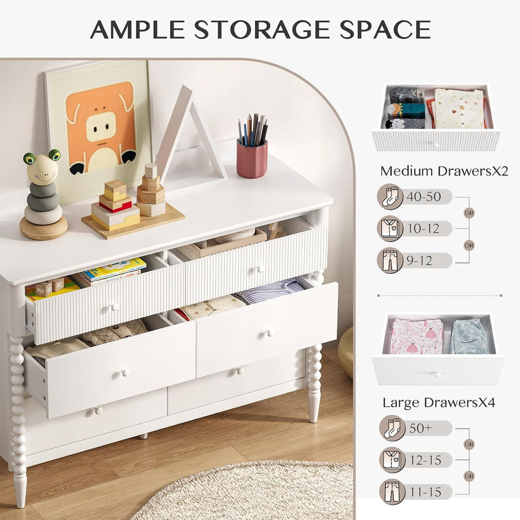 JOINICE White Nursery Dresser for Kids Bedroom, 6 Drawers for Storage | Jenny Lind Spindle Legs Dresser, Baby Clothes Organizer for Toddlers, Children's Room, Anti-tip Kit for Safety