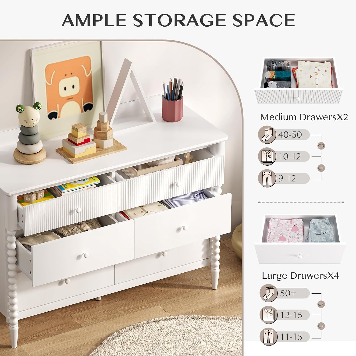 JOINICE White Nursery Dresser for Kids Bedroom, 6 Drawers for Storage | Jenny Lind Spindle Legs Dresser, Baby Clothes Organizer for Toddlers, Children's Room, Anti-tip Kit for Safety