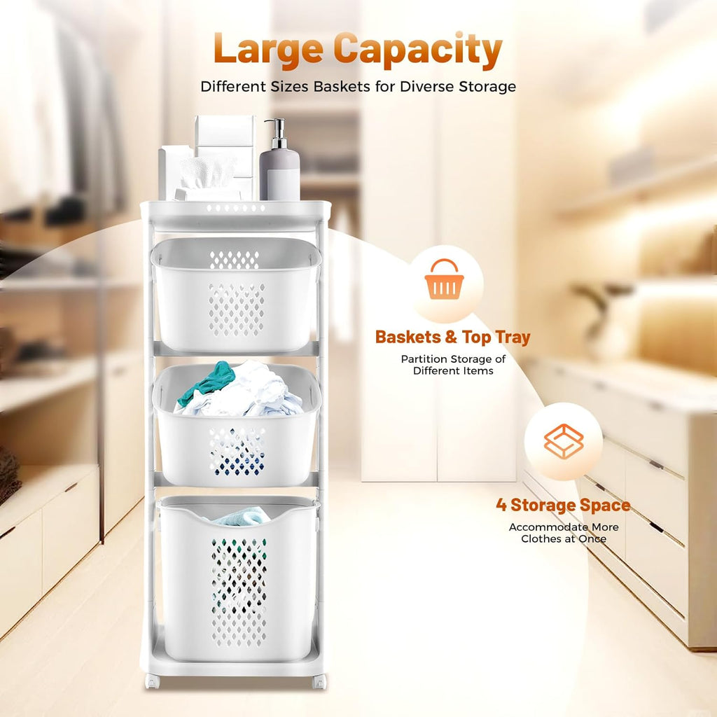 3-Tier Rolling Laundry Basket Organizer Sorter with Wheels, Vertical Removable Dirty Clothes Laundry Hamper Cart for Laundry Room Organization Dorm, Closet, Bathroom