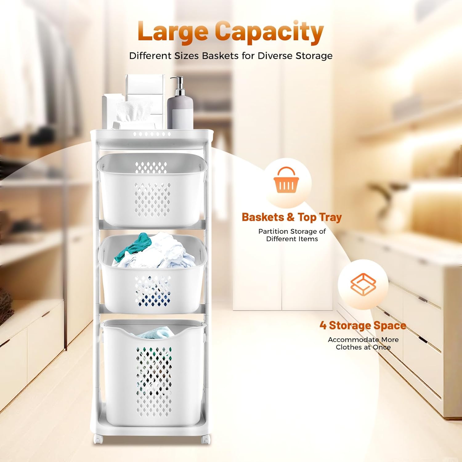 3-Tier Rolling Laundry Basket Organizer Sorter with Wheels, Vertical Removable Dirty Clothes Laundry Hamper Cart for Laundry Room Organization Dorm, Closet, Bathroom