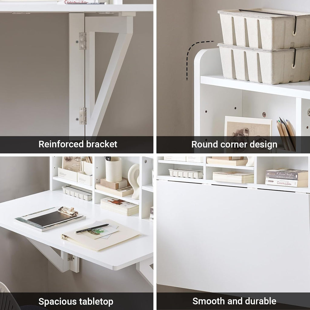 SoBuy Wall Mounted Folding Table | Floating Desk for Small Spaces, Fold Down Workstation Table with Adjustable Shelf for Home, Office, Bedroom, White
