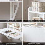 SoBuy Wall Mounted Folding Table | Floating Desk for Small Spaces, Fold Down Workstation Table with Adjustable Shelf for Home, Office, Bedroom, White