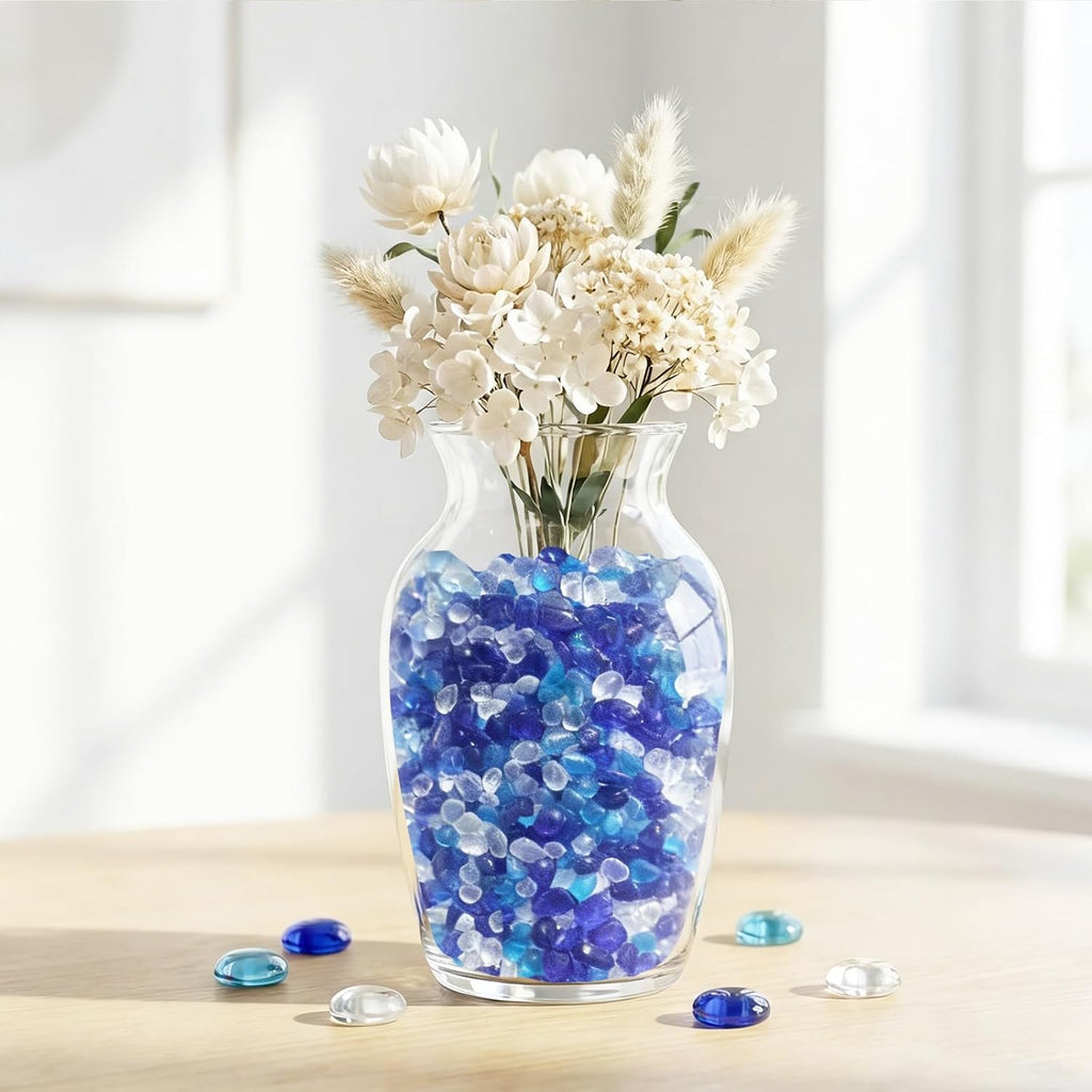 QYGL Sea Glass Stones - Blue Mixed Clear Glass Pebbles Gemstones - Perfect for Aquarium Rocks, Fish Tank Gravel, Vase Fillers, DIY Crafts, and Home Decor (0.9LB/14oz)