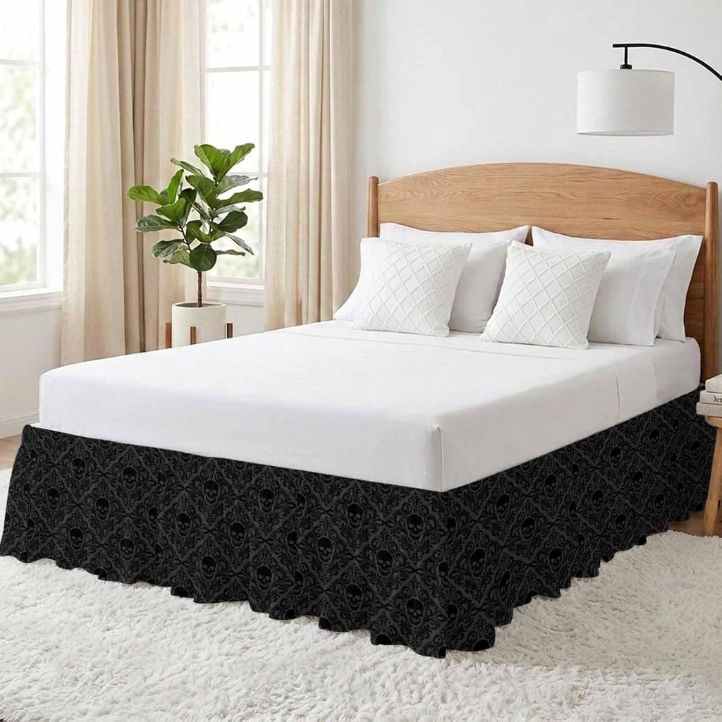 Black Skeleton Bed Skirt Queen Size 16 Inch Drop, Adjustable Elastic Bedskirt Dust Ruffle for Queen Bed, Light Blue Horror Skull Vintage Chic Art Wrap Around Bed Skirts Pleated Bed Frame Cover