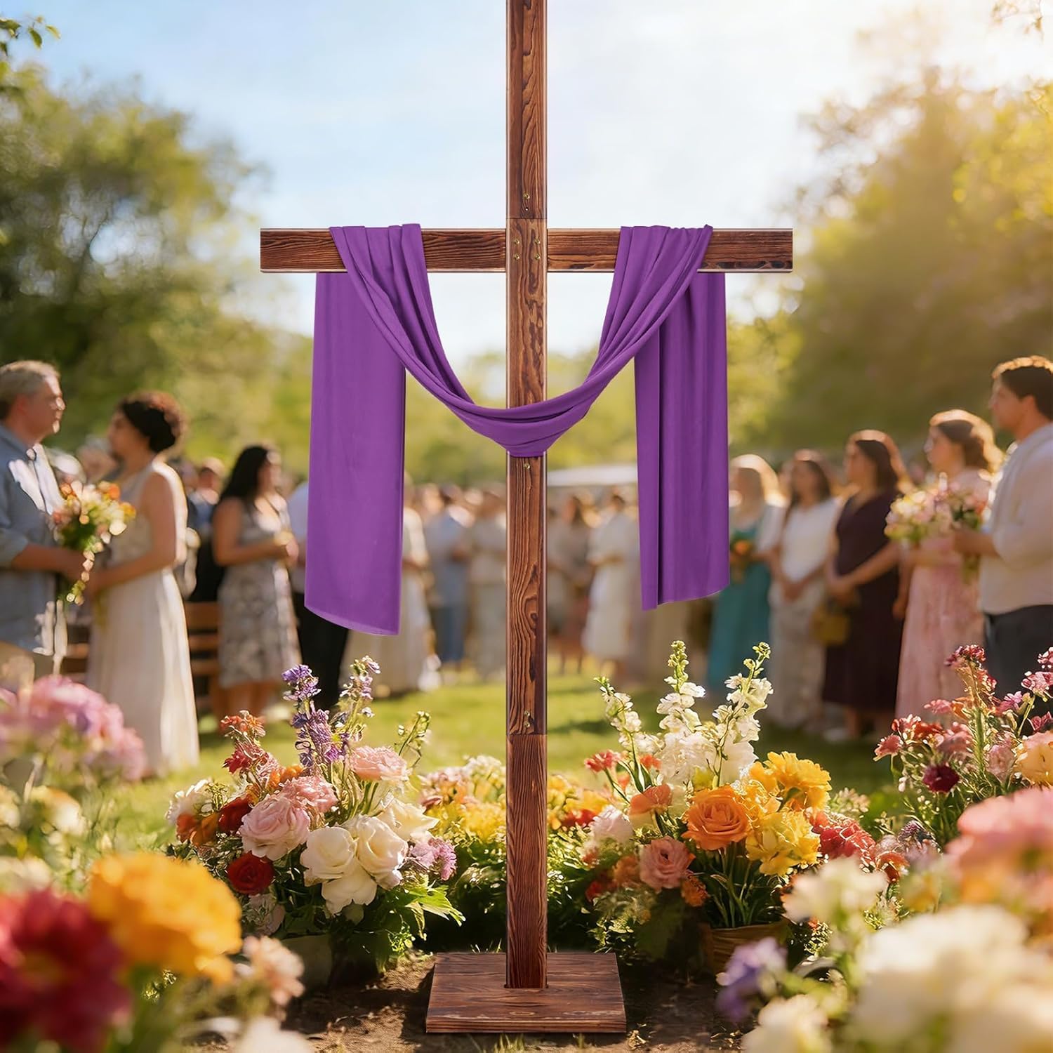 Blayvorn 6.5FT Extra Large Wood Cross with Red Draped Cloth, Handcrafted Burned Wooden Christian Cross for Christ Jesus He Is Risen Outdoor Decor, Church Easter Display, Communion Church Decor（Light