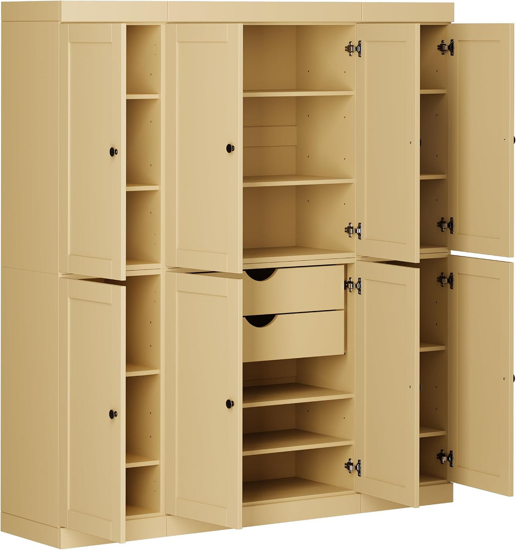 Palace Imports Solid Wood Kitchen Pantry Cabinet – 71.5" Tall x 65" Wide - Wooden Storage Cabinet w/ 8 Shaker Doors, 2 Drawers & 12 Adjustable Shelves – Yellow, 100% Eco-Friendly Wood, Made in Brazil
