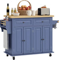 HOMCOM Kitchen Island Cart with Solid Wood Top, 44" Mobile Kitchen Island Table on Wheels with Storage Cabinets, 2 Drawers, Adjustable Shelves, Spice Rack & Towel Bar for Dining Room, Navy Blue