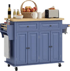 HOMCOM Kitchen Island Cart with Solid Wood Top, 44" Mobile Kitchen Island Table on Wheels with Storage Cabinets, 2 Drawers, Adjustable Shelves, Spice Rack & Towel Bar for Dining Room, Navy Blue