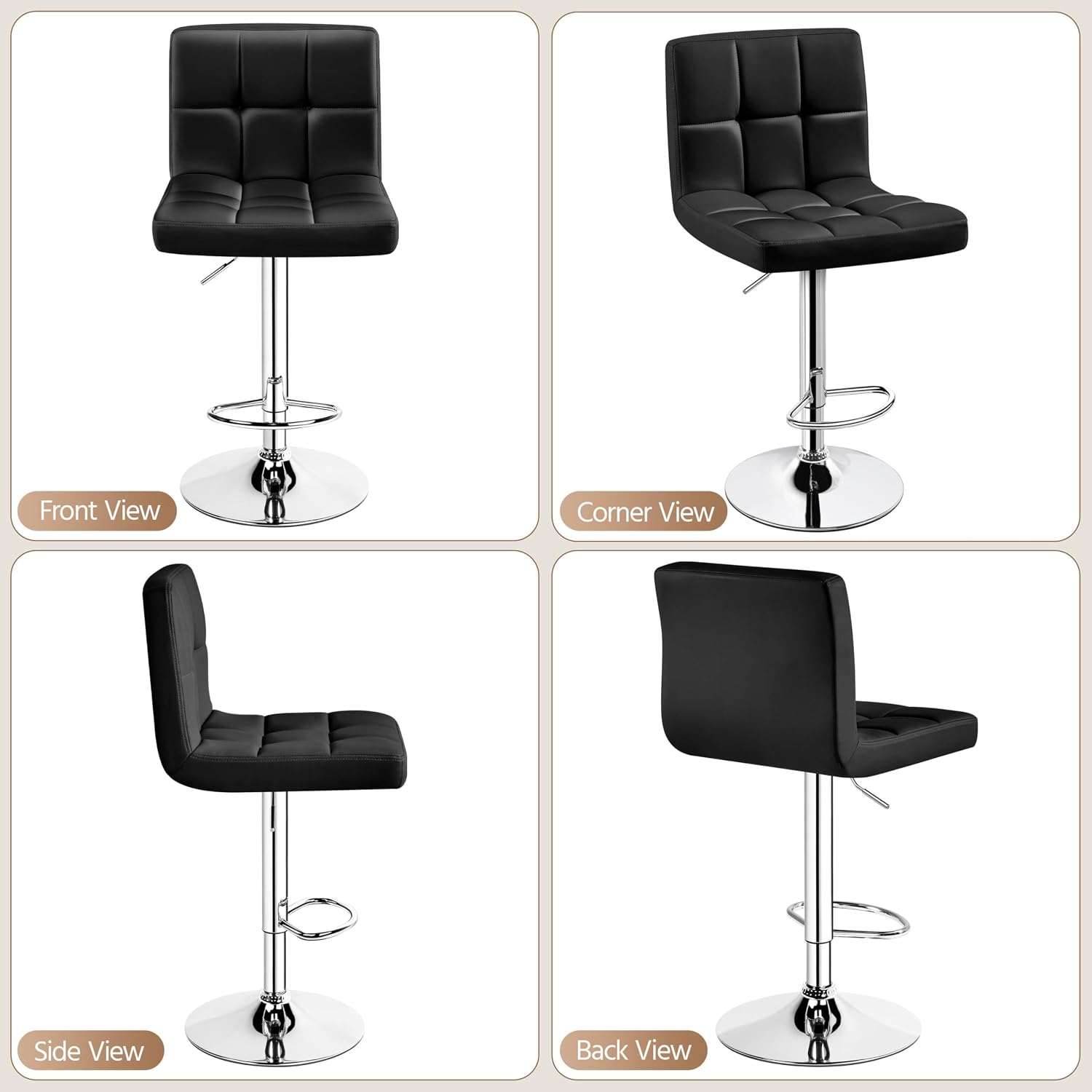 Yaheetech Bar Stools Set of 4, PU Leather Swivel Barstools, Height Adjustable Counter Chairs with Back for Bar Kitchen Island Dining Room, 300lb Capacity, Black