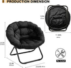 Grezone Folding Saucer Chair, Oversized Lazy Moon Chair with Metal Frame, Comfy Bedroom Chairs for Bedroom, Living Room, Study Black JC