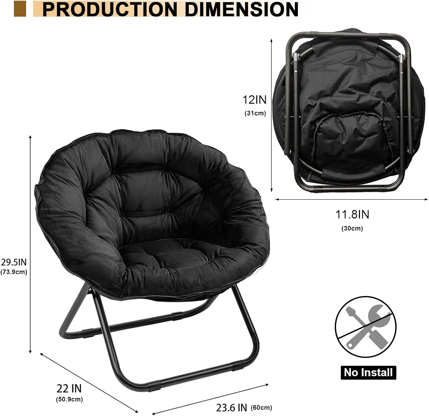 Grezone Folding Saucer Chair, Oversized Lazy Moon Chair with Metal Frame, Comfy Bedroom Chairs for Bedroom, Living Room, Study Black JC