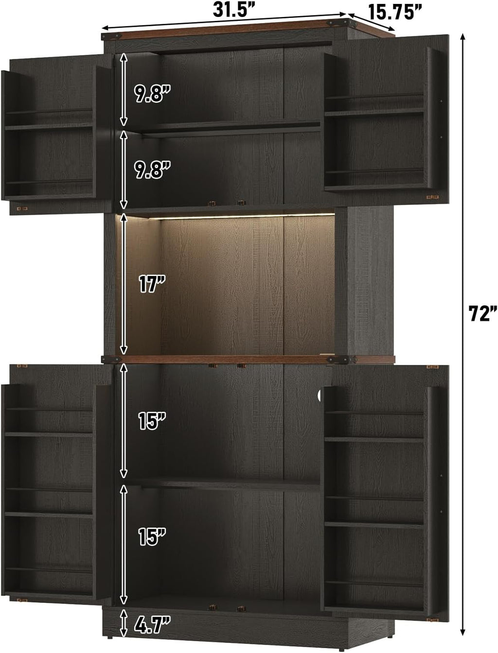 72" Tall Farmhouse Kitchen Pantry Cabinet with LED Light and Power Outlet,Modern Farmhouse Kitchen Storage Cabinet w Load-Bearing Steel Pipe,Barn Doors, Organizer,Food Pantry Cabinets(Black)