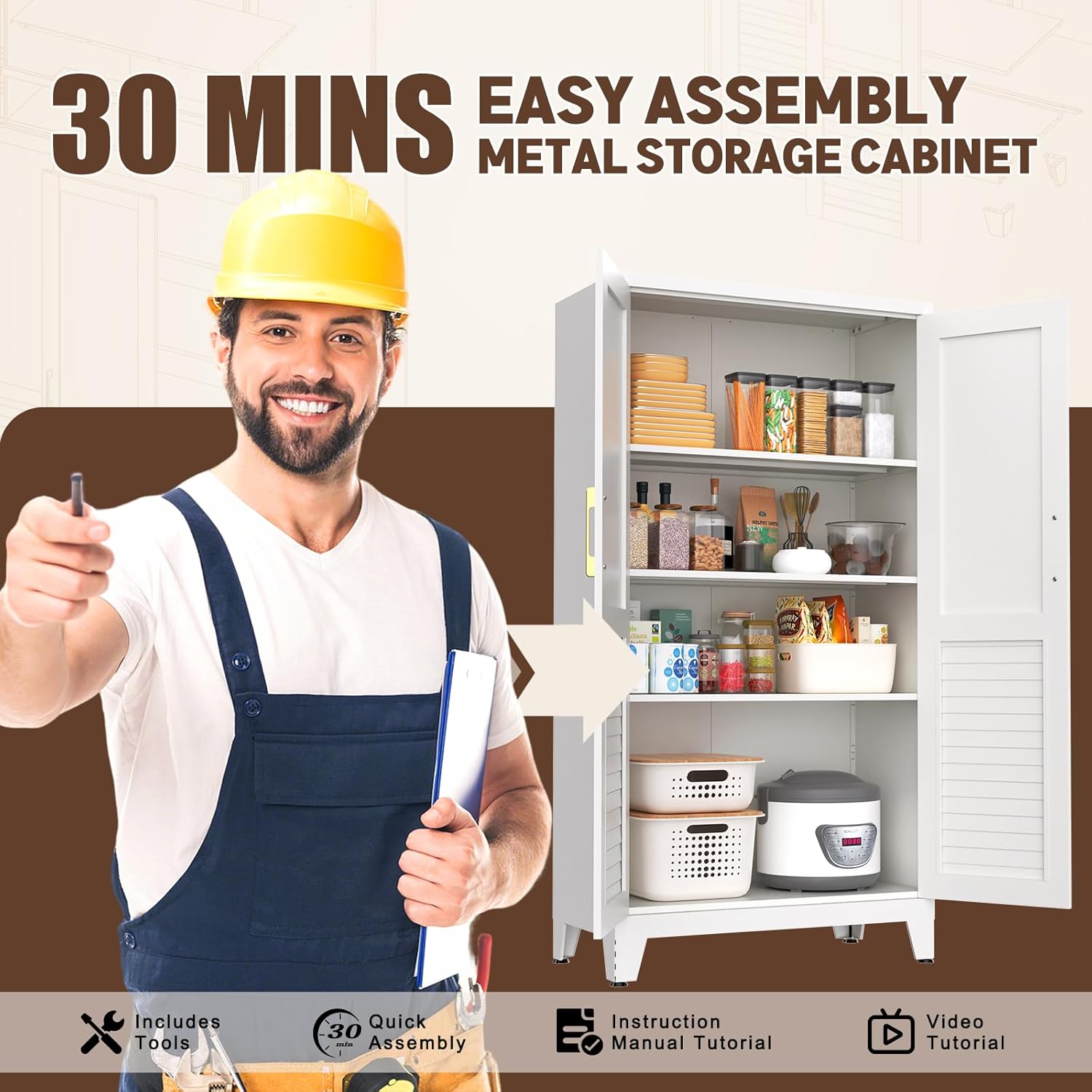 47''Storage Cabinet ,Pantry Cabinet with Doors and Shelves,Tall Kitchen Pantry Cabinet, White Metal KitchenStorage Cabinets, Freestanding Cupboard for Laundry Bathroom Living Room, Assemble Required