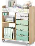 Rolling Storage Cart with Top Pegboard and 6 Drawers, Mobile Utility Cart on Wheels with Locking Brakes, Craft Organizer Lateral File Cabinet for Home, Office and Craft Room – Wood Frame(Green)